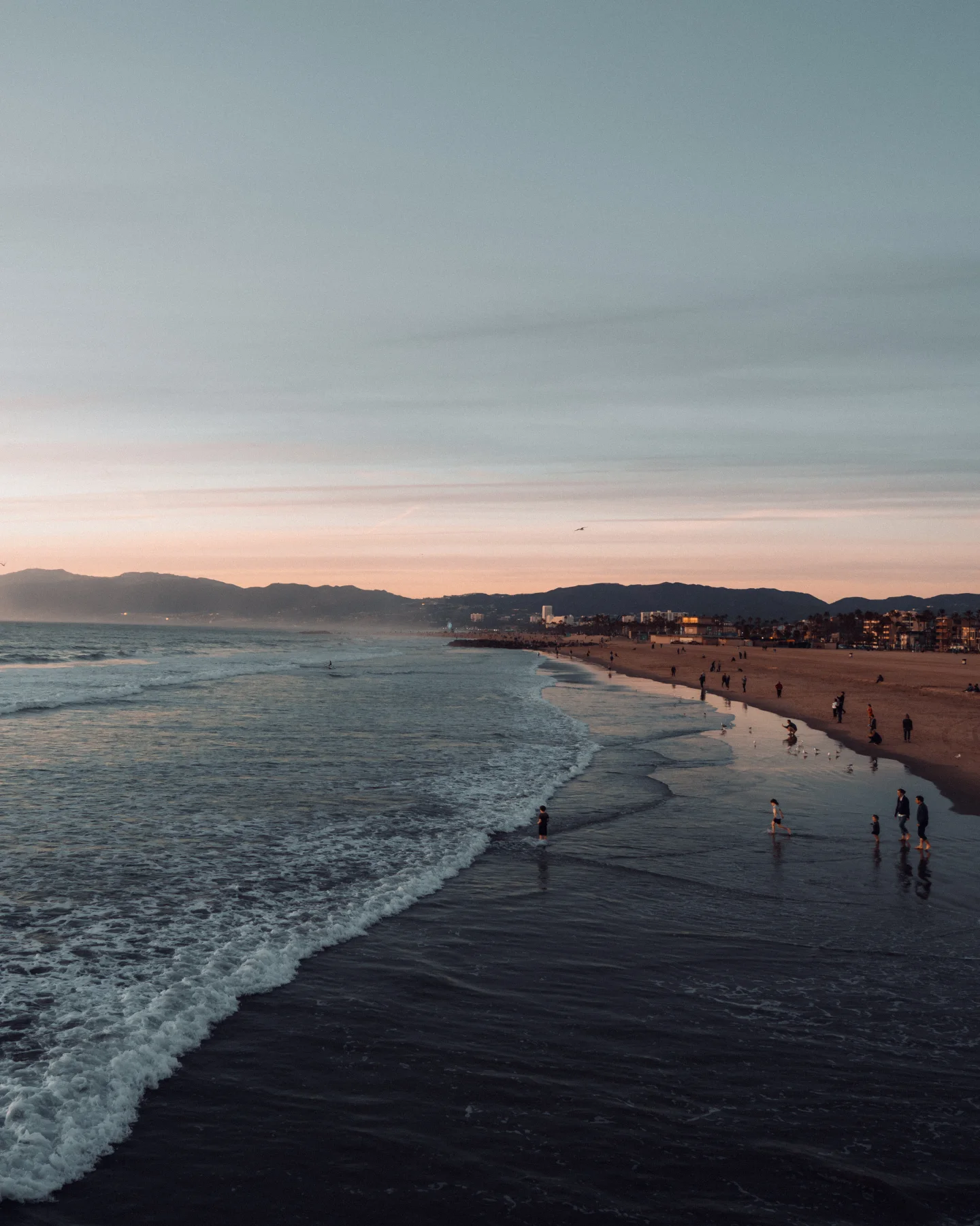 People gathered along a beach at twilight.