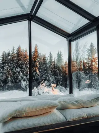 A glass-walled room with white cushions looks out onto sunlit, snow-covered spruce trees.