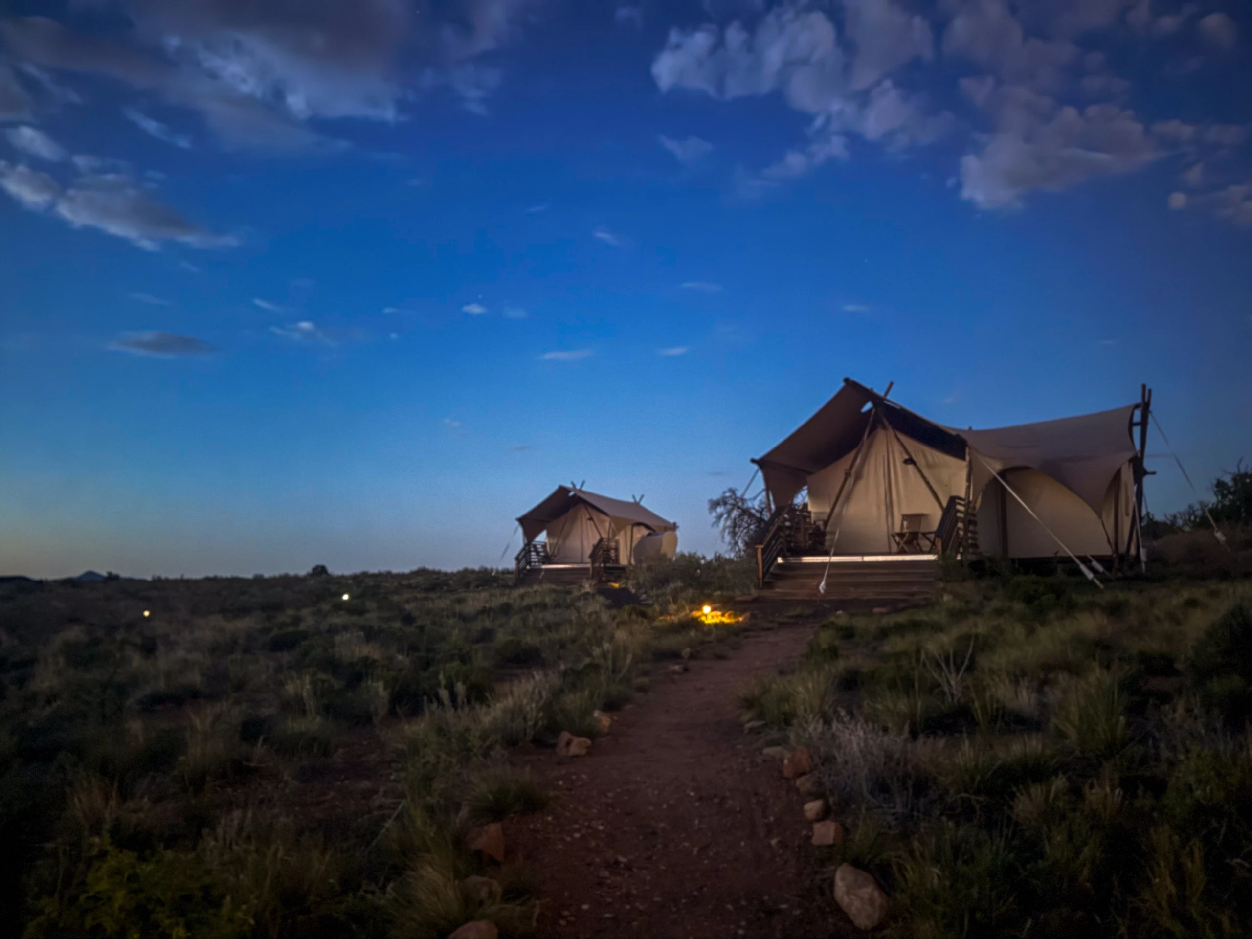 Desert glamping tents beneath a deep blue twilight sky.