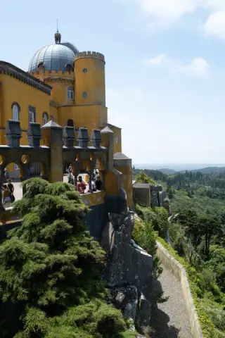 A yellow palace tower rises above dense green trees.