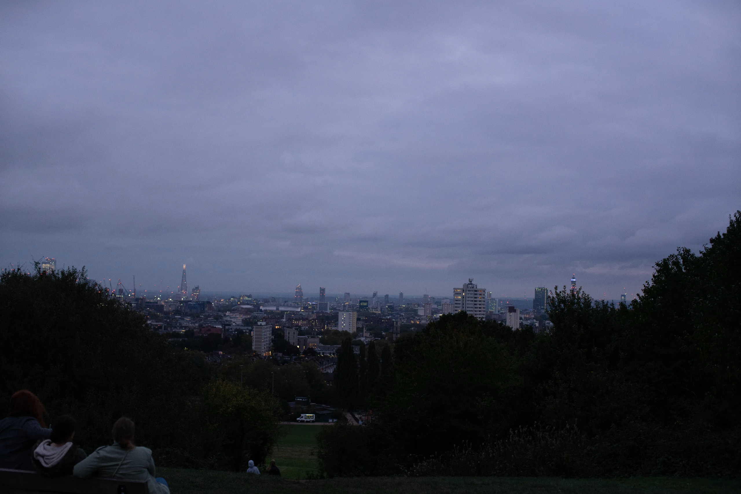 Visitors sit on a grassy Greenwich hillside with London spread beneath a gray sky.