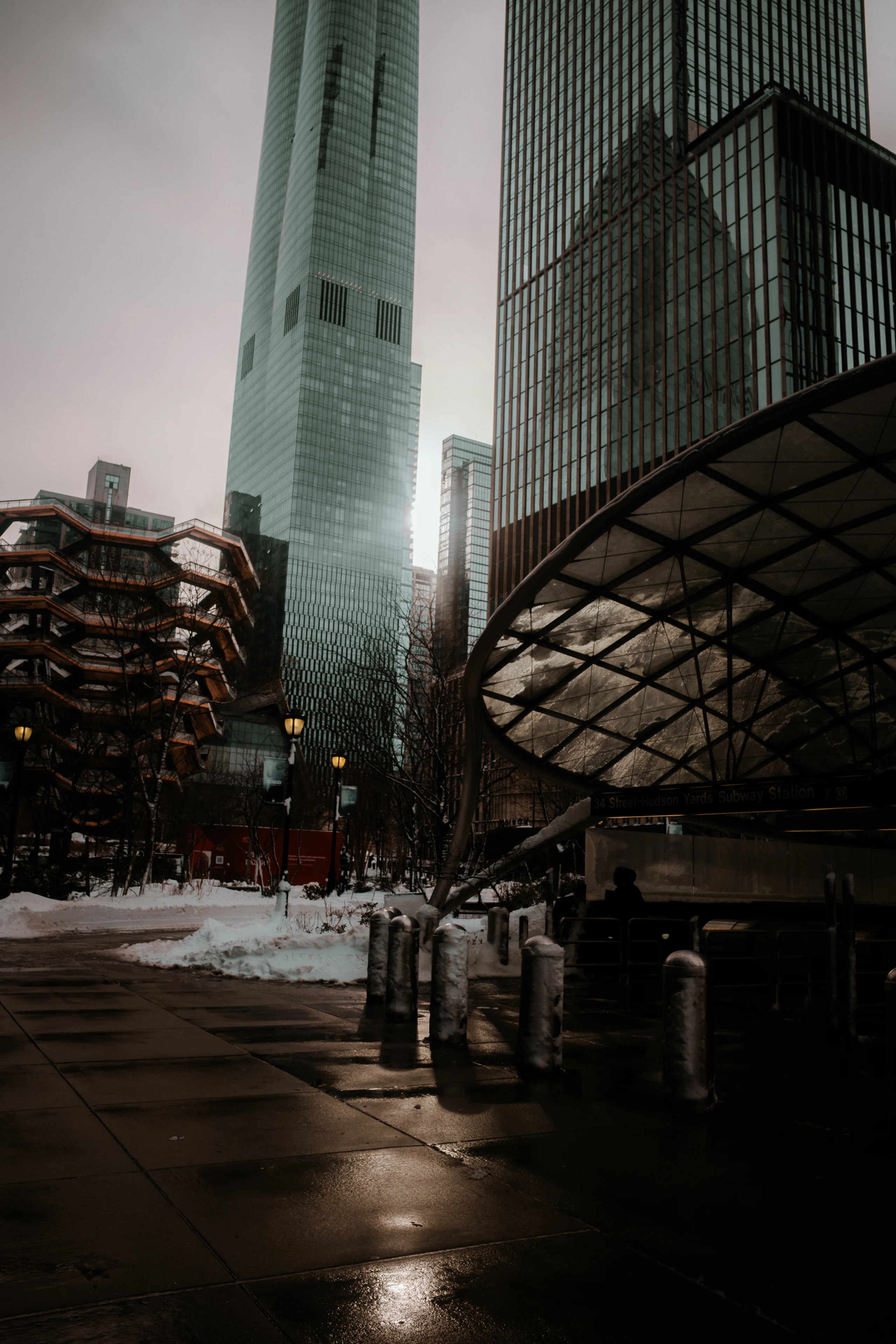 The Vessel and Hudson Yards towers after snowfall