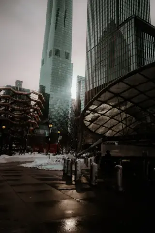 The Vessel and Hudson Yards towers after snowfall