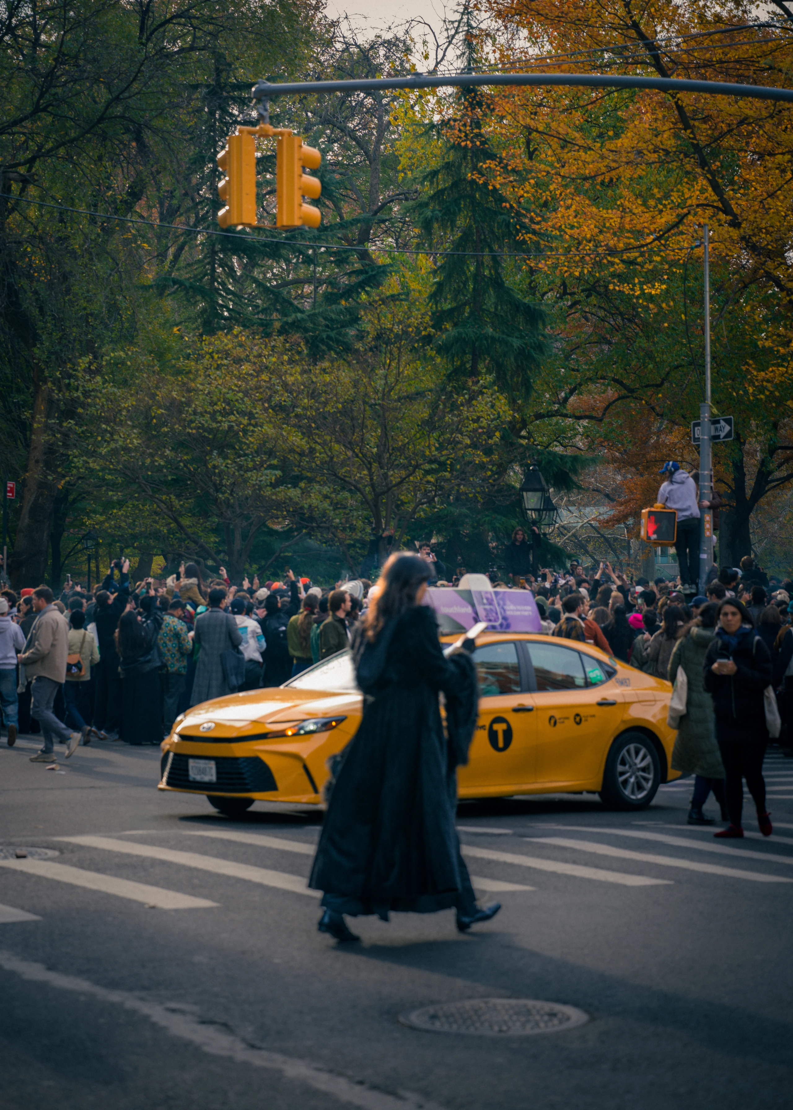 A person in a long dark coat crosses beside a yellow taxi in autumn.