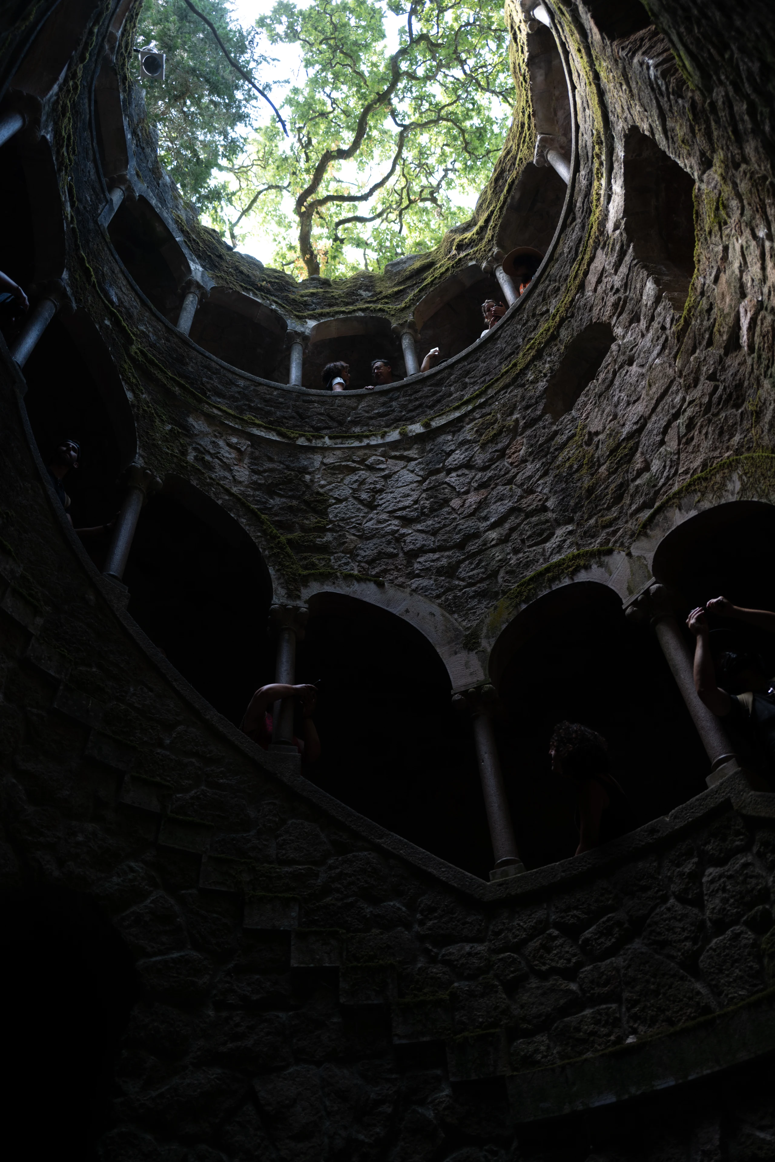 A circular stone opening frames trees high above.