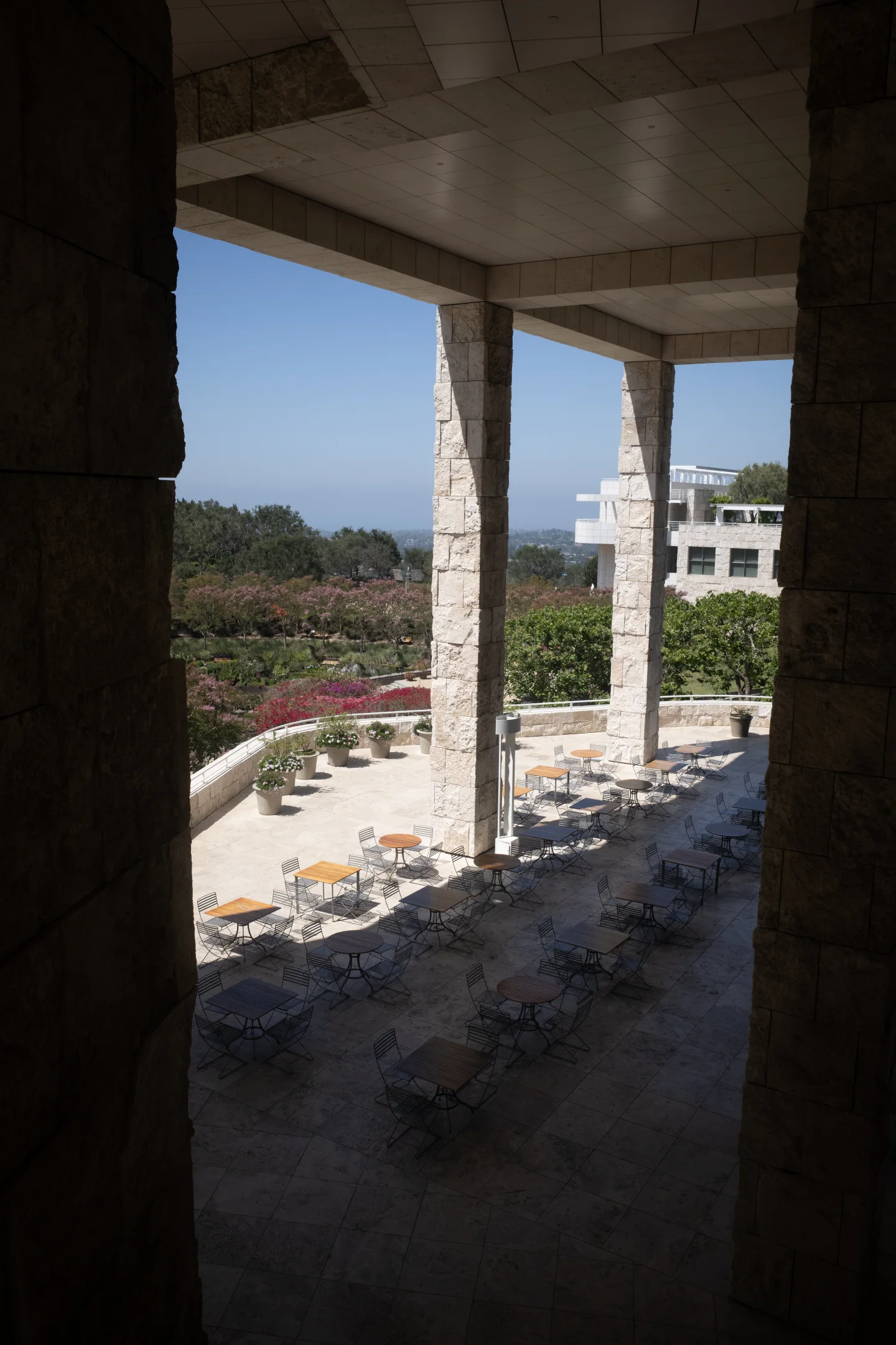 Getty Center terrace and landscape viewed between tall stone columns