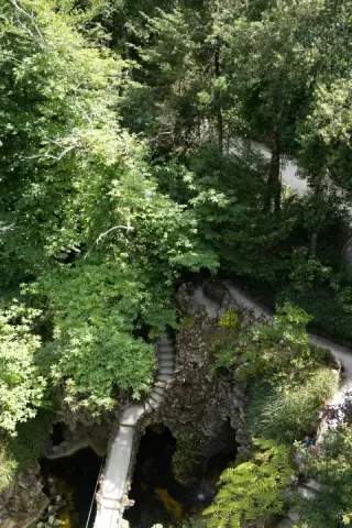 A narrow stone stair descends through a lush garden.