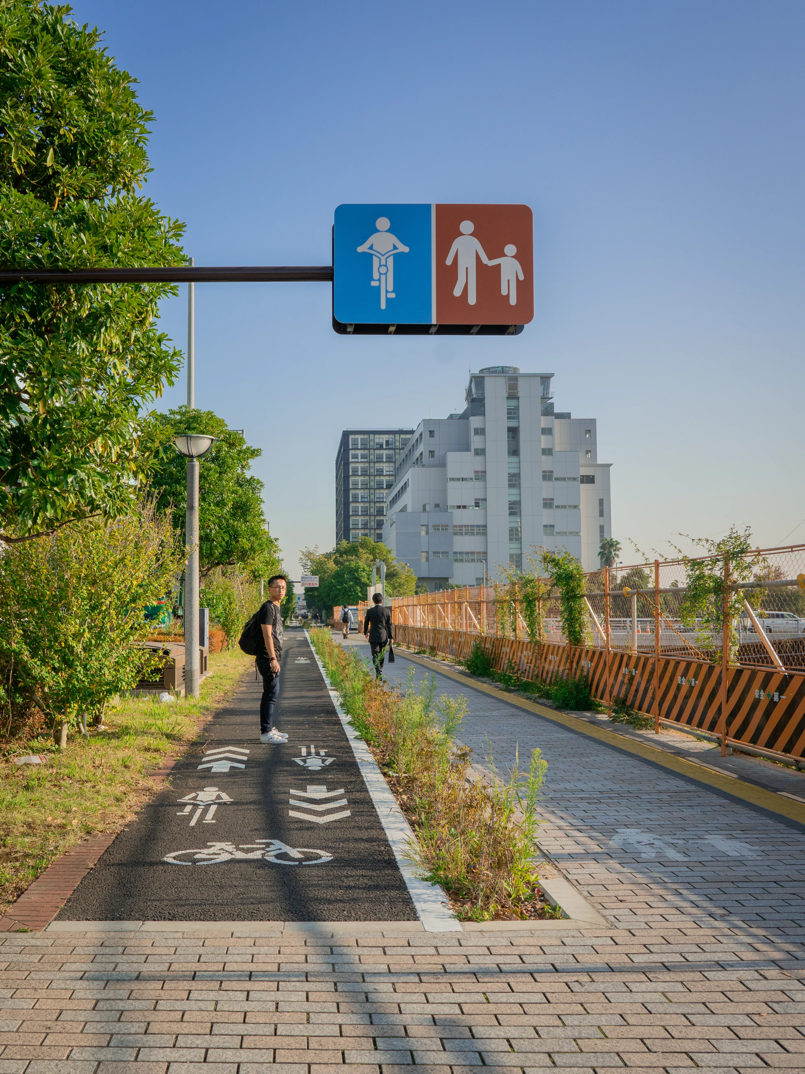 A pedestrian and cyclist share a divided path beneath a blue sky.