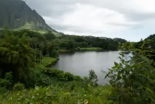 Green reservoir beneath the cloud-covered Koʻolau Range.