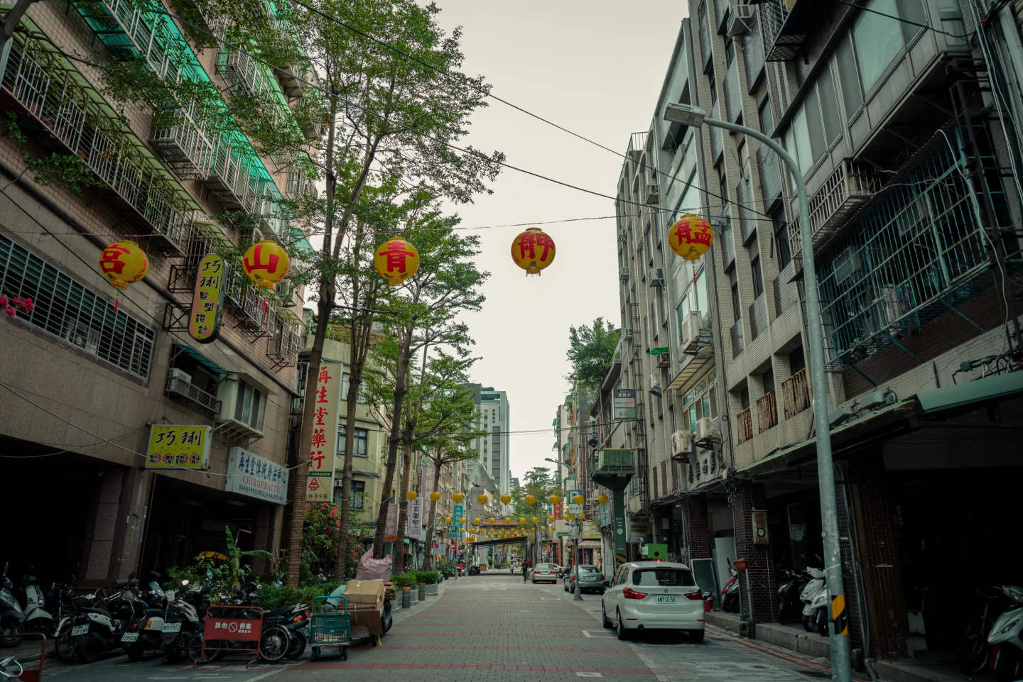 Lanterns hanging above a Taipei street.