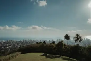 Honolulu skyline seen from a hillside beneath a clear blue sky.