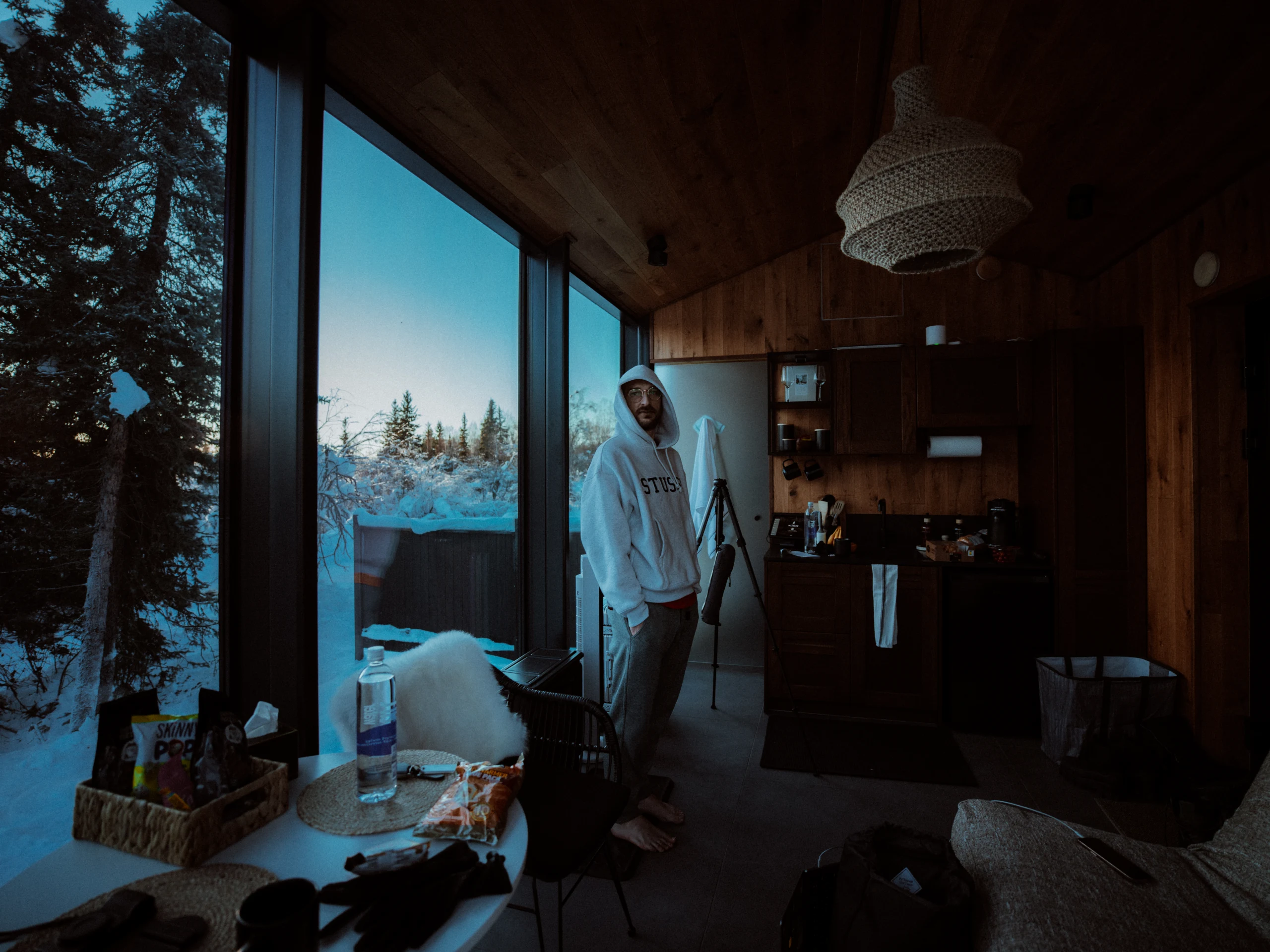 A person standing inside a dim cabin beside a wide window overlooking snowy trees.