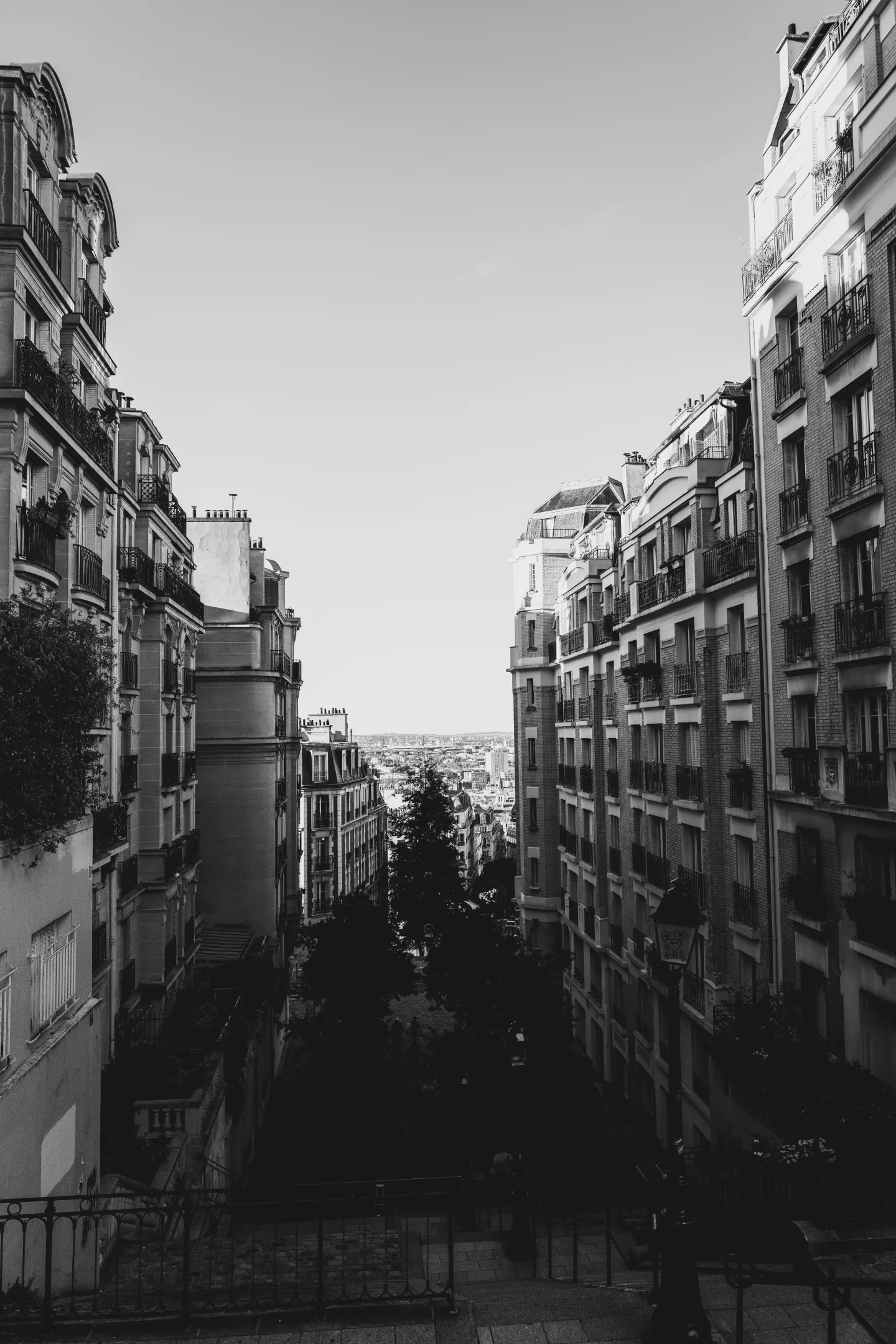 A steep stairway descends between tall Paris apartment buildings in black and white.
